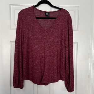 Bobeau Burgundy V-Neck Long Sleeve Top